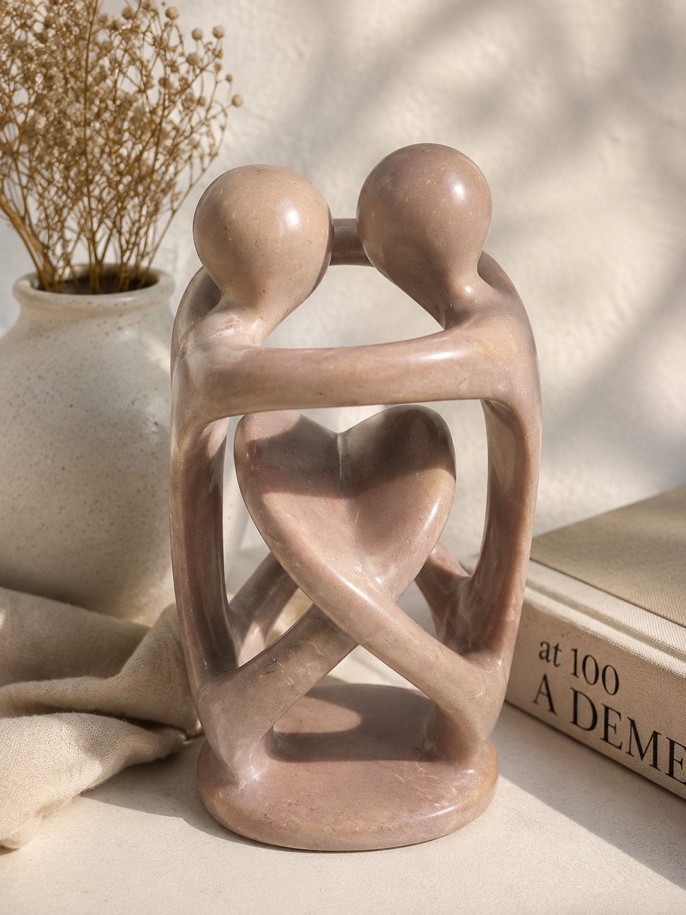 Hand Carved Kenyan Kisii Soapstone Embracing Couple Sculpture 10” Pink Heart